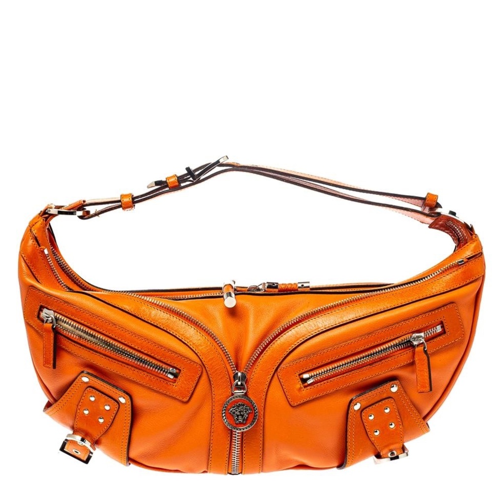 Versace Orange Leather Double Pocket Zip Hobo Bag